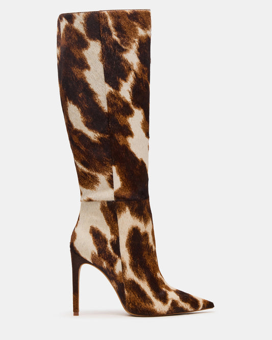 Steve Madden NITRO Brown Cow Print Wide Calf Pointed-Toe Stiletto Heel Knee-High Women's Boots