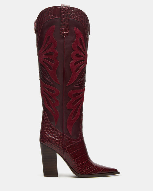 Steve Madden KAZ Burgundy Pointed-Toe Knee-High Block Heel Western Women's Boot