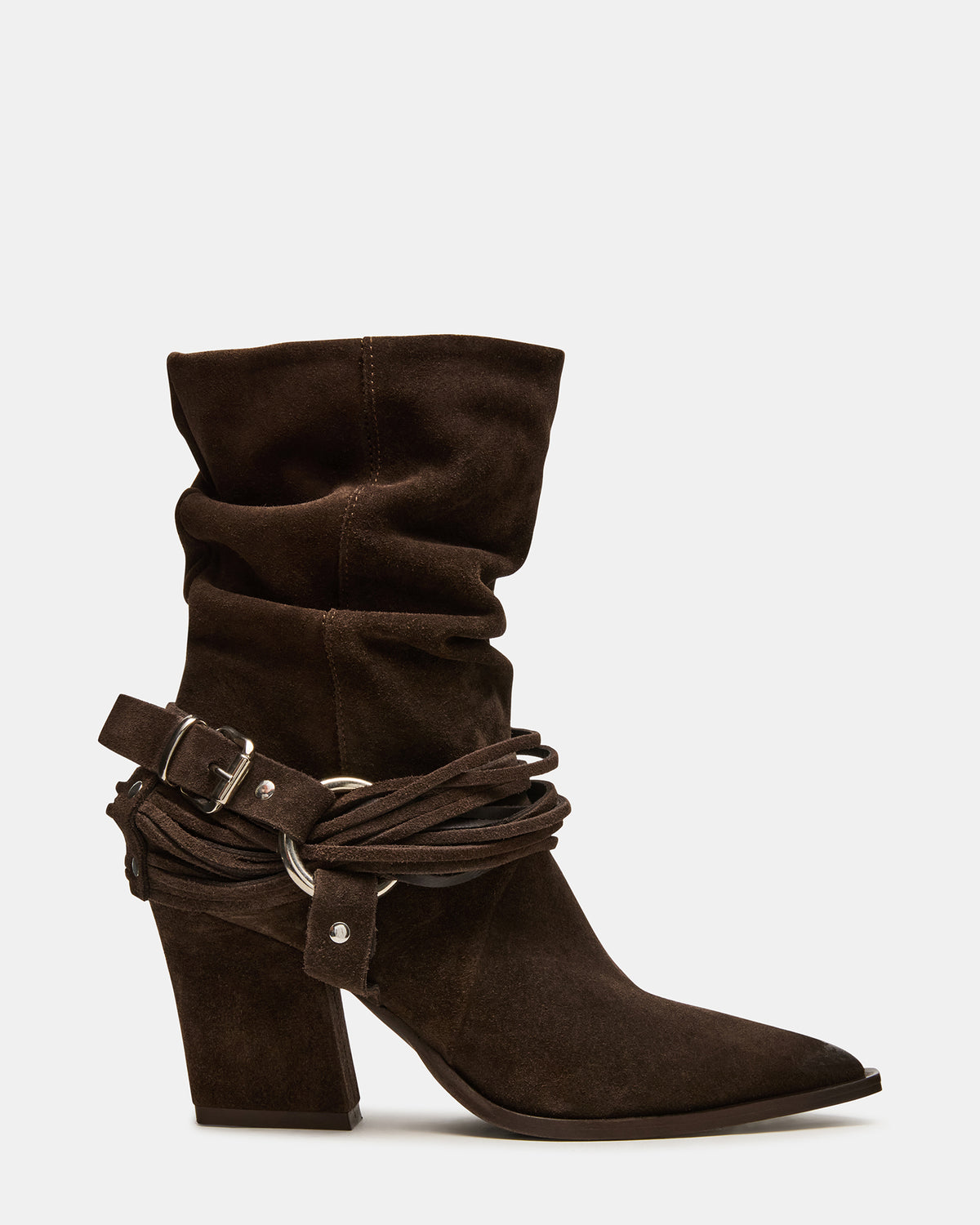 Steve Madden LAUPER Dark Taupe Suede Pointed-Toe Heeled Buckle Women's Ankle Boot