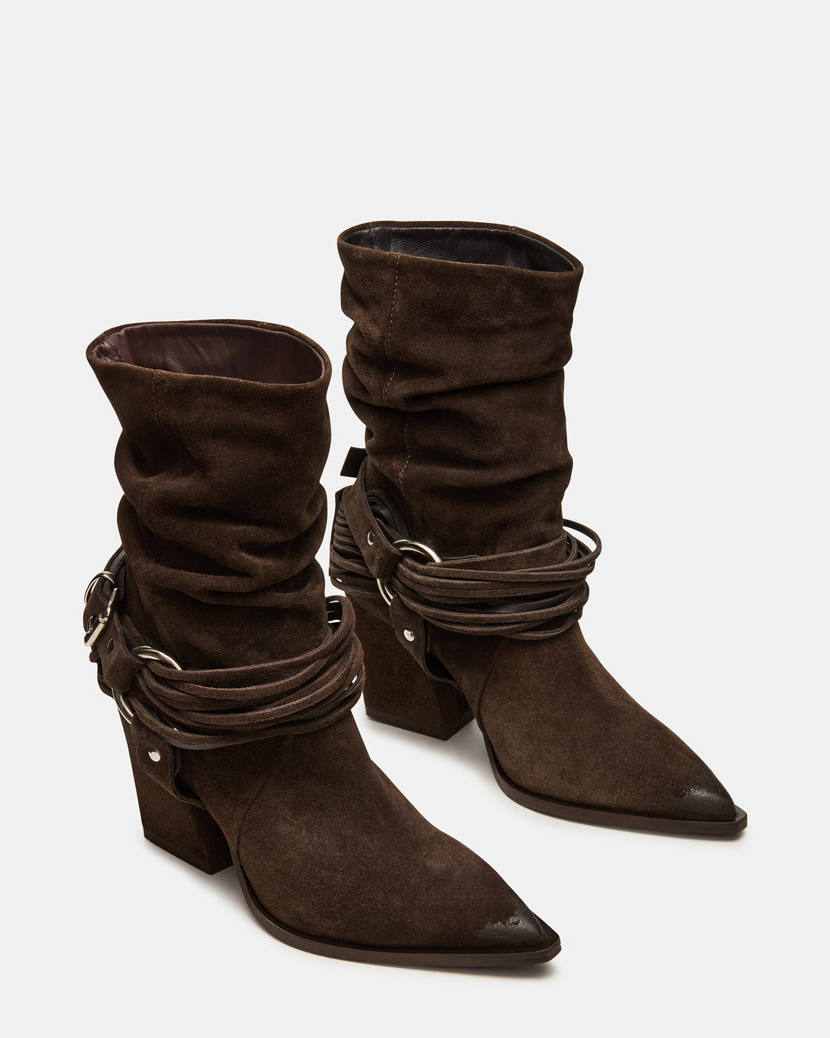 Steve Madden LAUPER Dark Taupe Suede Pointed-Toe Heeled Buckle Women's Ankle Boot