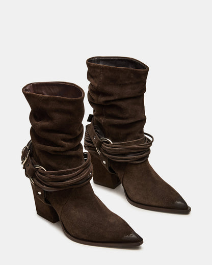 Steve Madden LAUPER Dark Taupe Suede Pointed-Toe Heeled Buckle Women's Ankle Boot