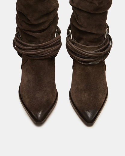 Steve Madden LAUPER Dark Taupe Suede Pointed-Toe Heeled Buckle Women's Ankle Boot