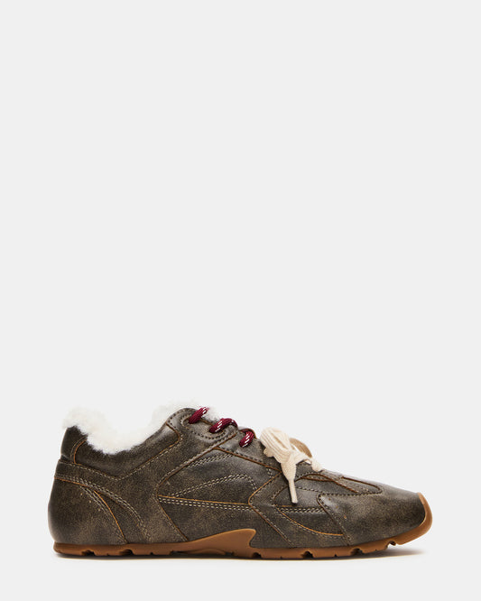 Steve Madden AZIEL Faux Fur Brown Distressed Low-Top Lace-Up Women's Sneakers