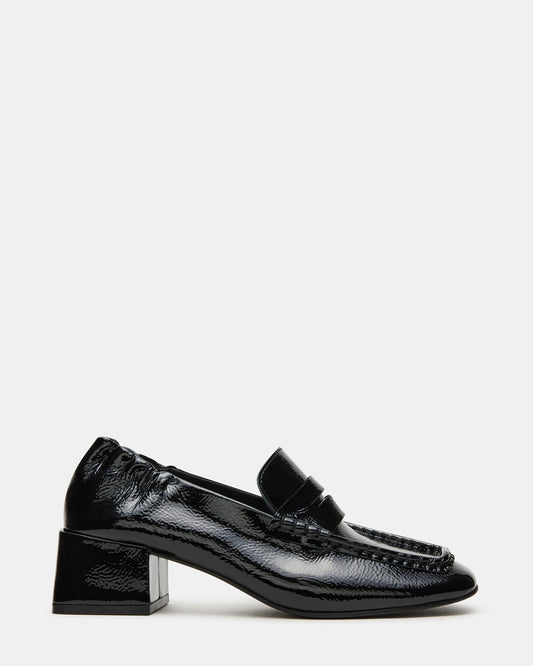 Steve Madden ESTEE Black Crinkle Patent Square-Toe Heeled Women's Loafer