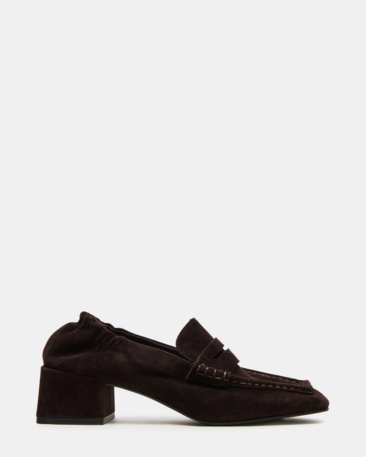 Steve Madden ESTEE Brown Suede Square-Toe Heeled Women's Loafer