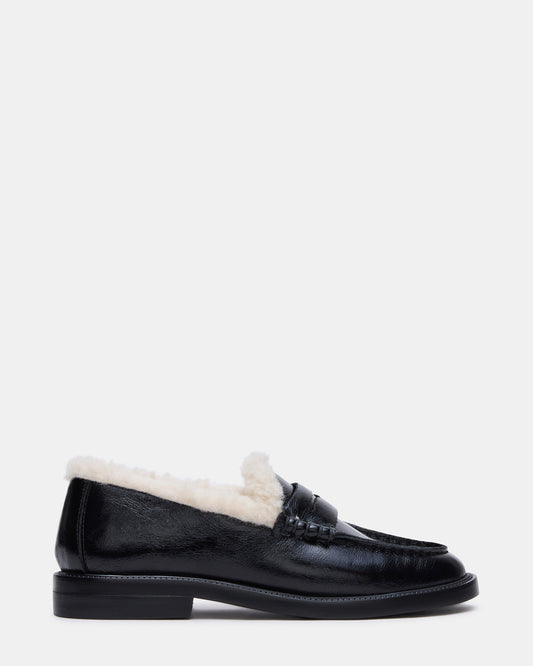 Steve Madden MADISON Faux Fur Black Leather Women's Penny Loafer