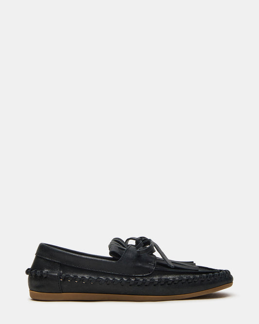 Steve Madden SAMUAL Black Distressed Fringe Boat Women's Loafer