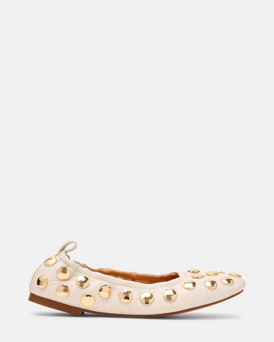 Steve Madden LANTA White Leather Studded Gold-Detail Round-Toe Women's Flat