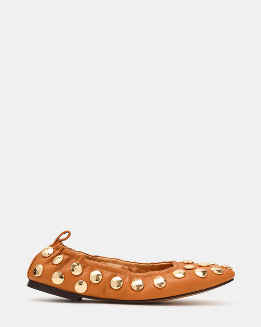 Steve Madden LANTA Tan Leather Studded Gold-Detail Round-Toe Women's Flat