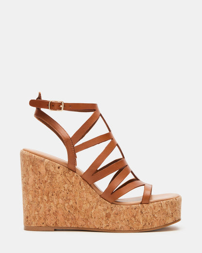 Steve Madden COZETTE Tan Leather Women's Platform Square-Toe Wedge Sandal