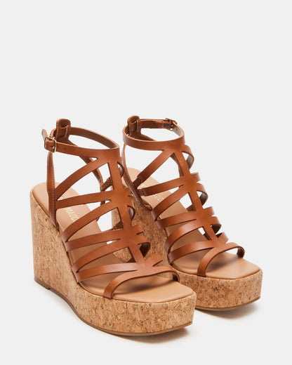 Steve Madden COZETTE Tan Leather Women's Platform Square-Toe Wedge Sandal