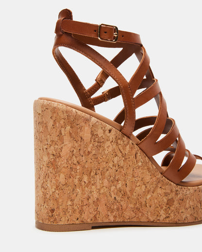 Steve Madden COZETTE Tan Leather Women's Platform Square-Toe Wedge Sandal