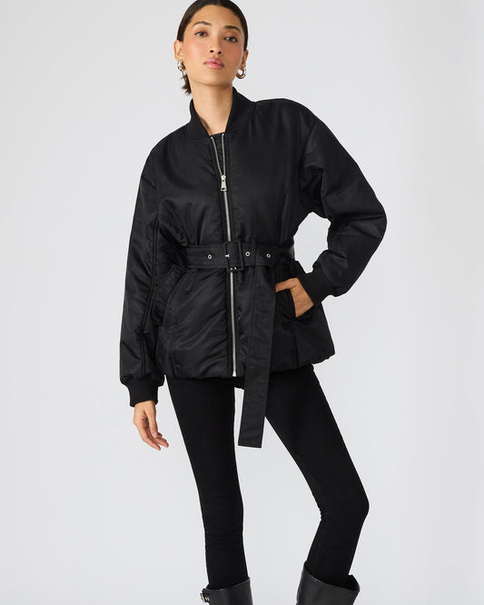 Steve Madden ERYN Black Long-Sleeved Puffer Belted Zip-Up Women's Jacket