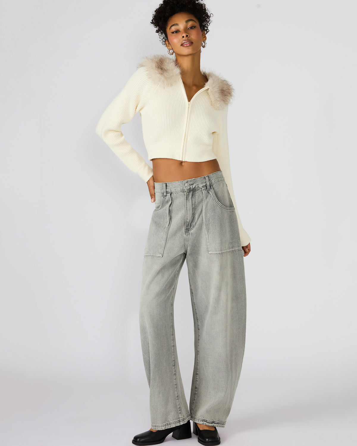 Steve Madden LYSIA Cream Long-Sleeved Faux Fur Hood Zip-Up Ribbed Women's Sweater Jacket