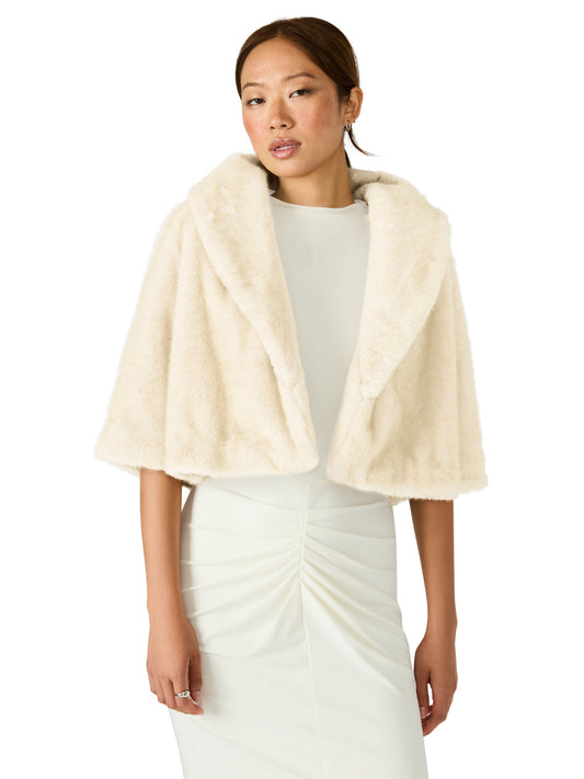 Steve Madden HESTIA Cream Faux Fur Cropped Collared Neckline Women's Coat