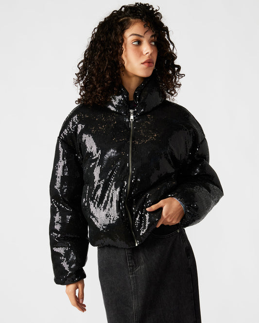 Steve Madden STRATTO Jacket Black | Women's Sequin Long-Sleeved Puffer Jacket