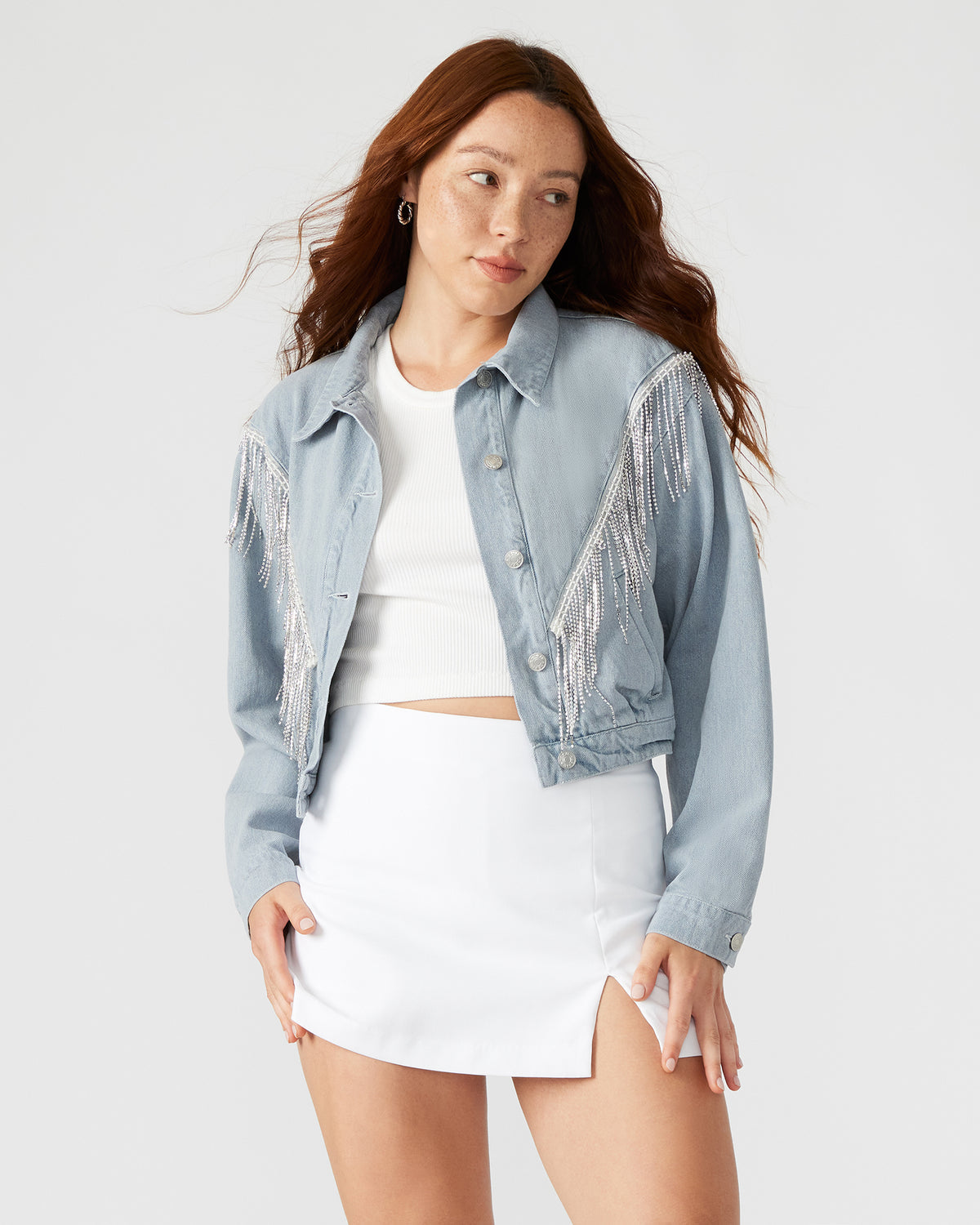 Steve Madden CANYON Denim Jacket | Women's Rhinestone Fringe Jacket