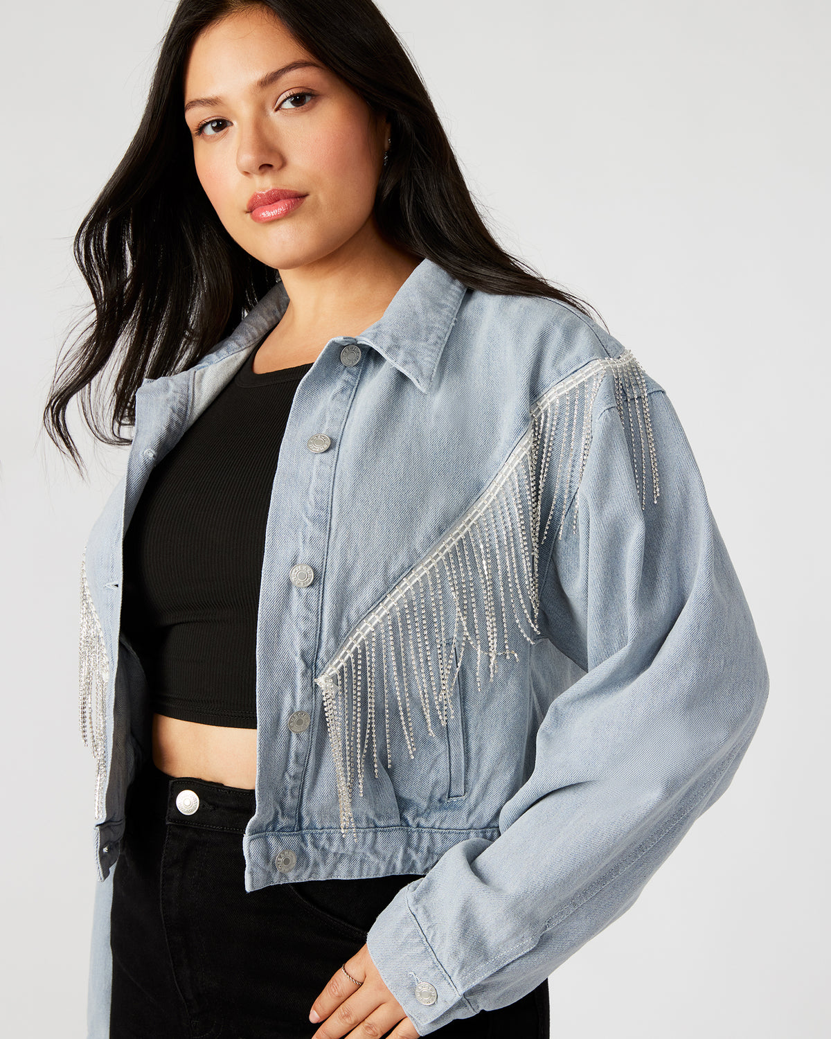 Steve Madden CANYON Denim Jacket | Women's Rhinestone Fringe Jacket