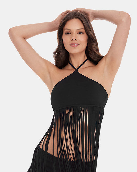 Steve Madden WHAT A STUD BIKINI TOP Black Halter Neckline Fringe Women's Bikini Top