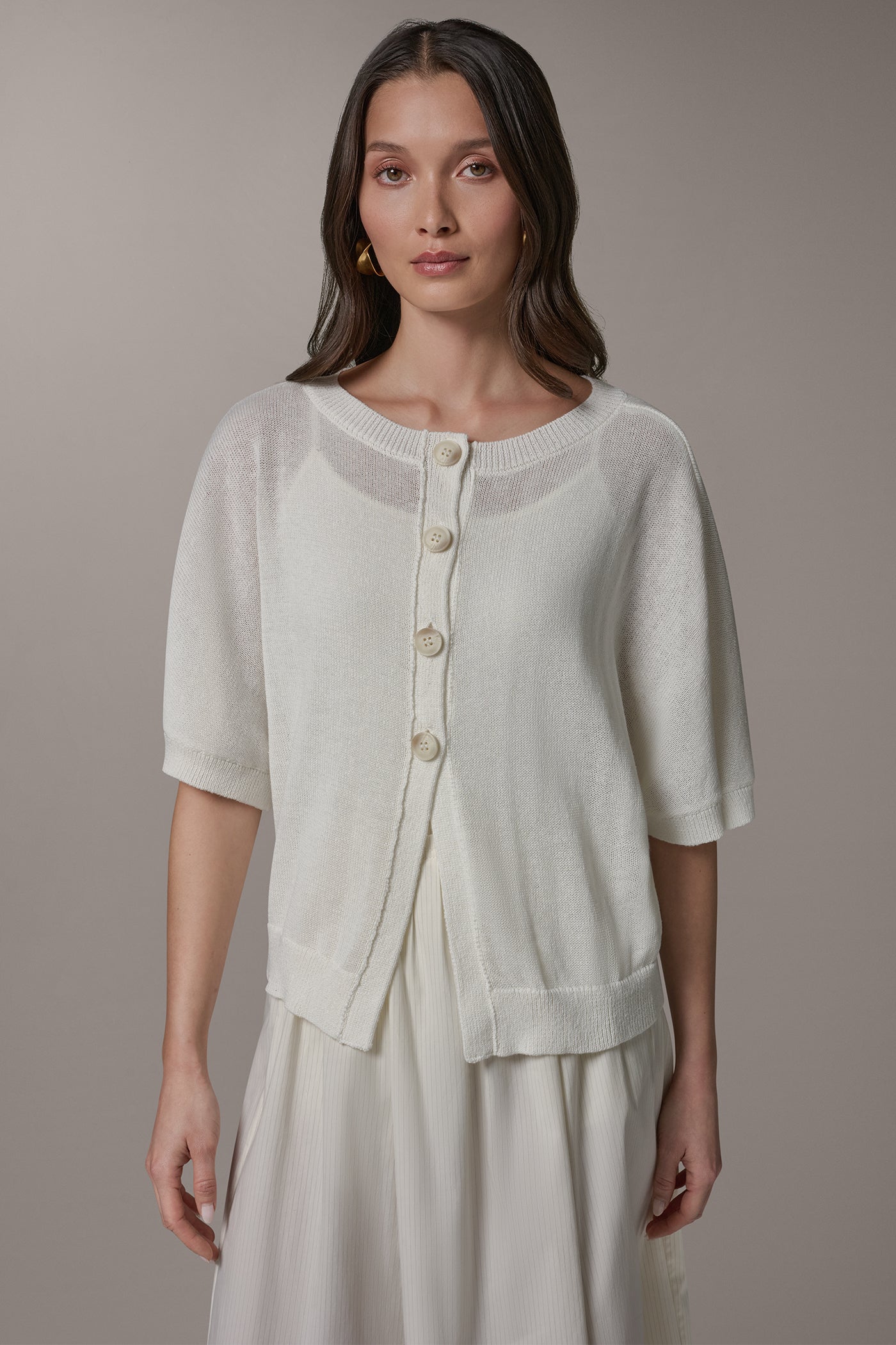 Cream SHORT SLEEVE EASY CARDIGAN Donna Karan