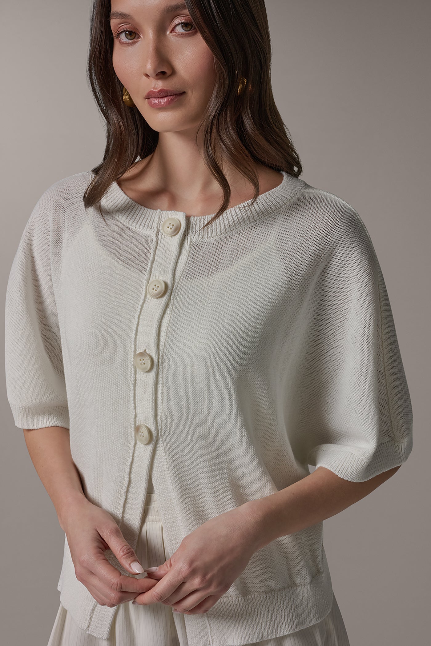 Cream SHORT SLEEVE EASY CARDIGAN Donna Karan