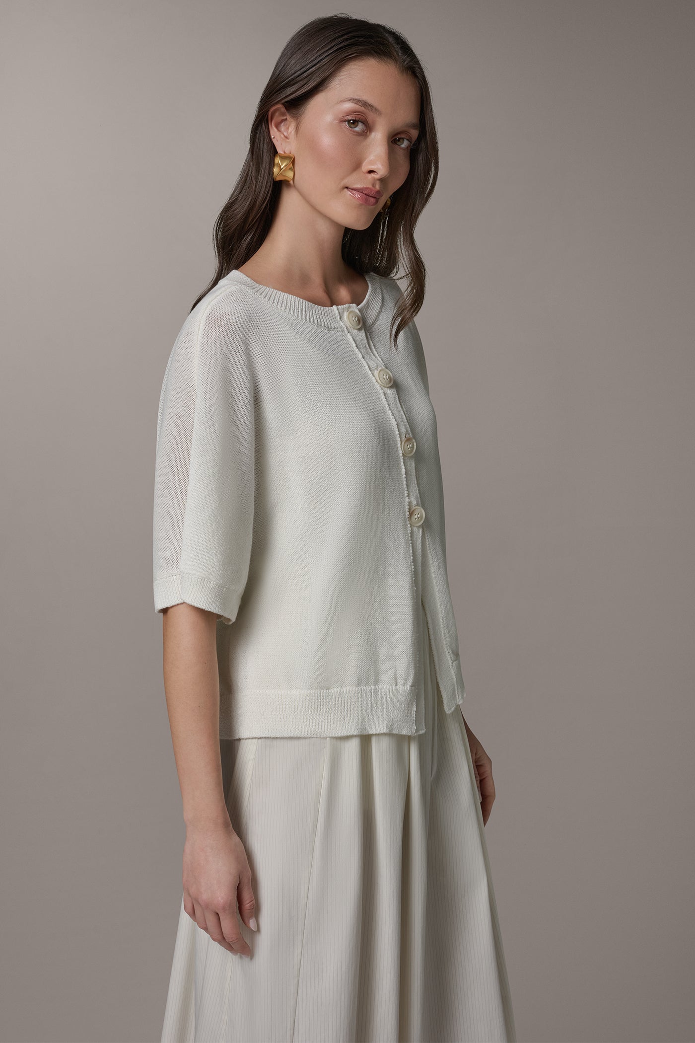 Cream SHORT SLEEVE EASY CARDIGAN Donna Karan
