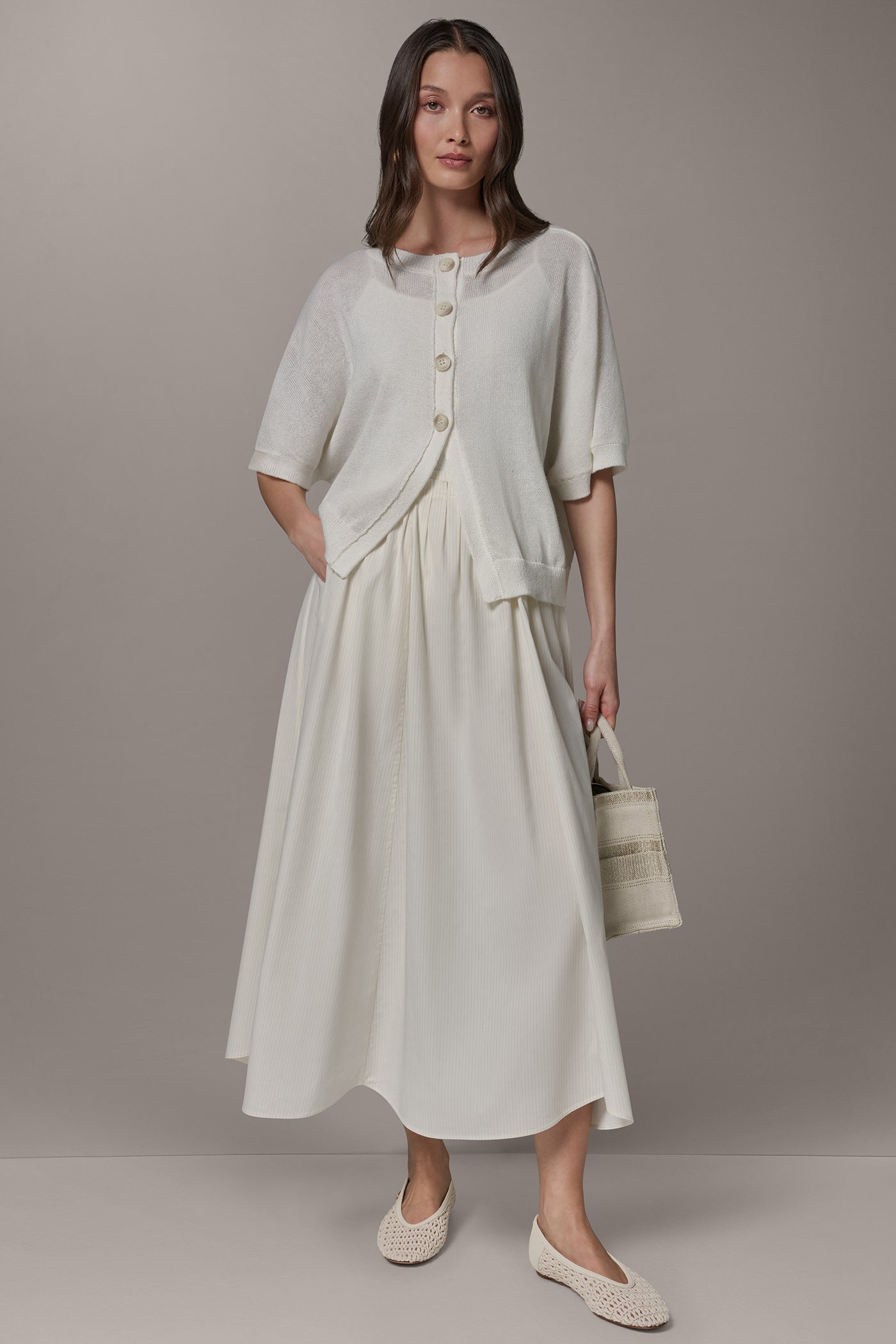 Cream SHORT SLEEVE EASY CARDIGAN Donna Karan