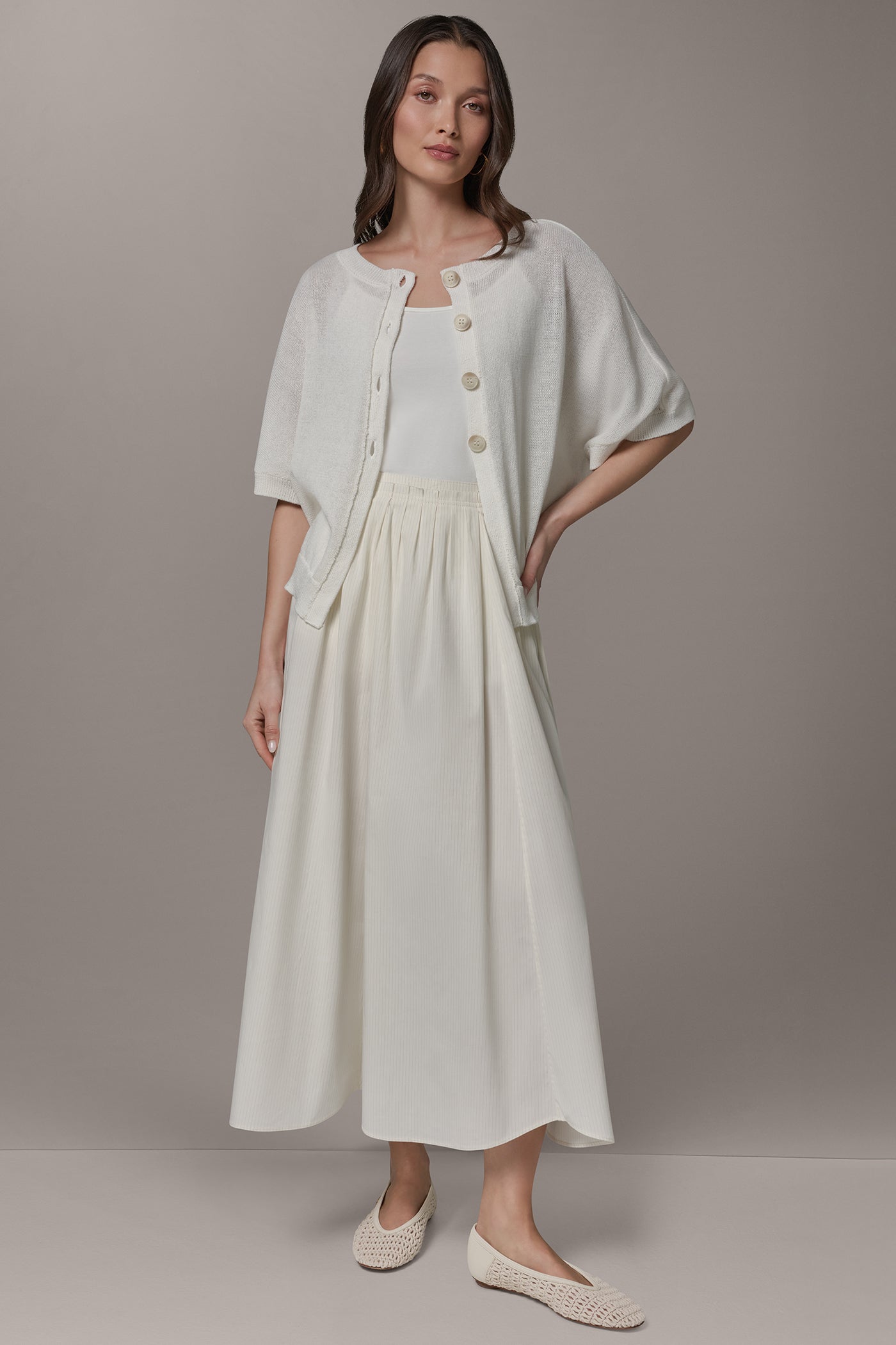 Cream SHORT SLEEVE EASY CARDIGAN Donna Karan