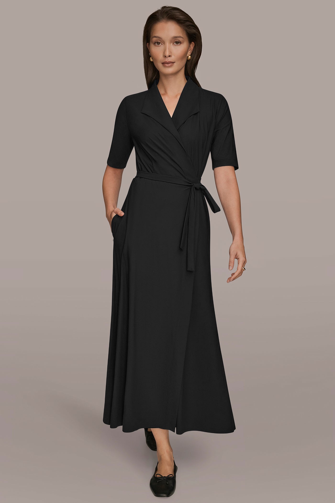 Black THE MODERN TRAVEL ELBOW-SLEEVE MIDI WRAP DRESS Donna Karan