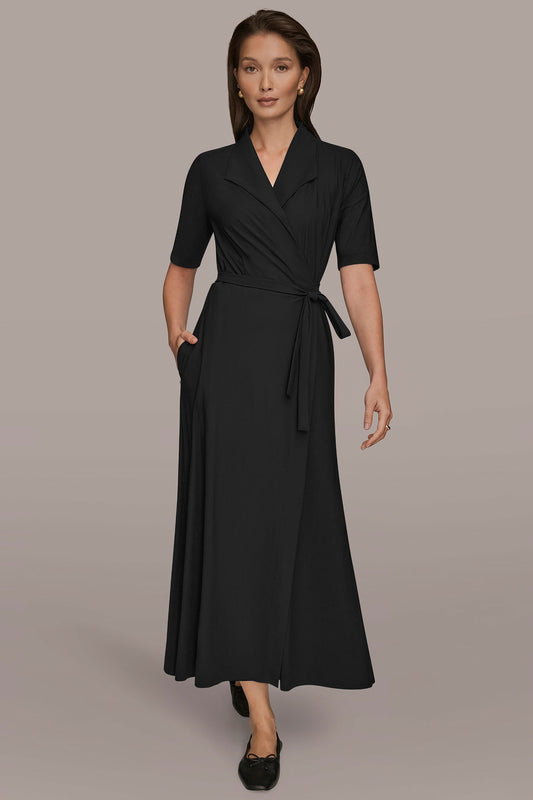 Black THE MODERN TRAVEL ELBOW-SLEEVE MIDI WRAP DRESS Donna Karan