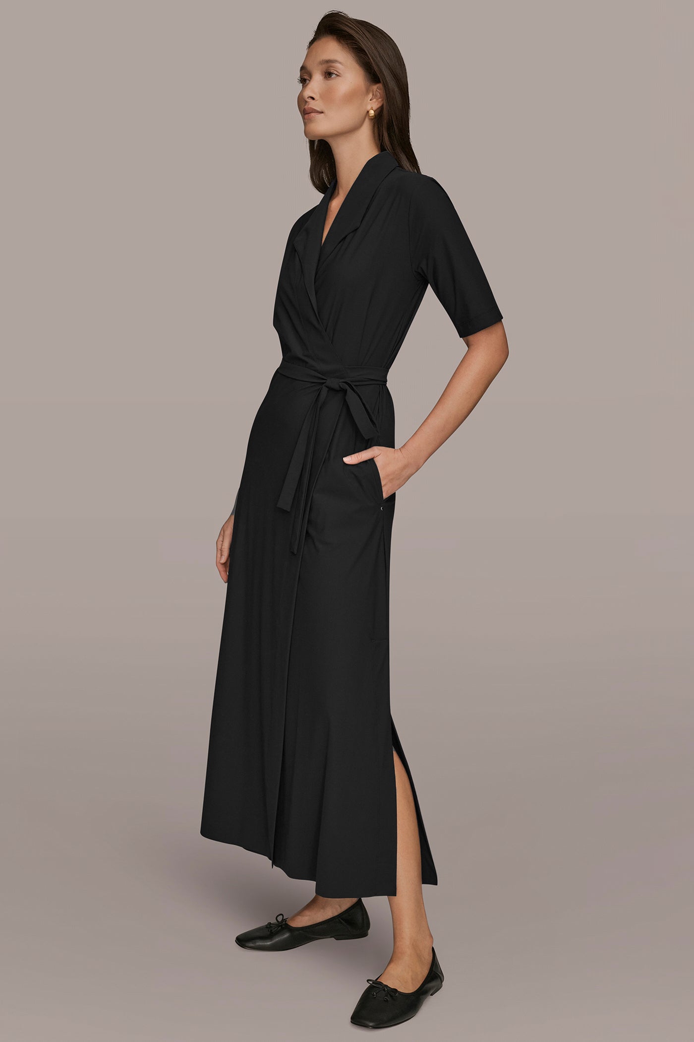 Black THE MODERN TRAVEL ELBOW-SLEEVE MIDI WRAP DRESS Donna Karan
