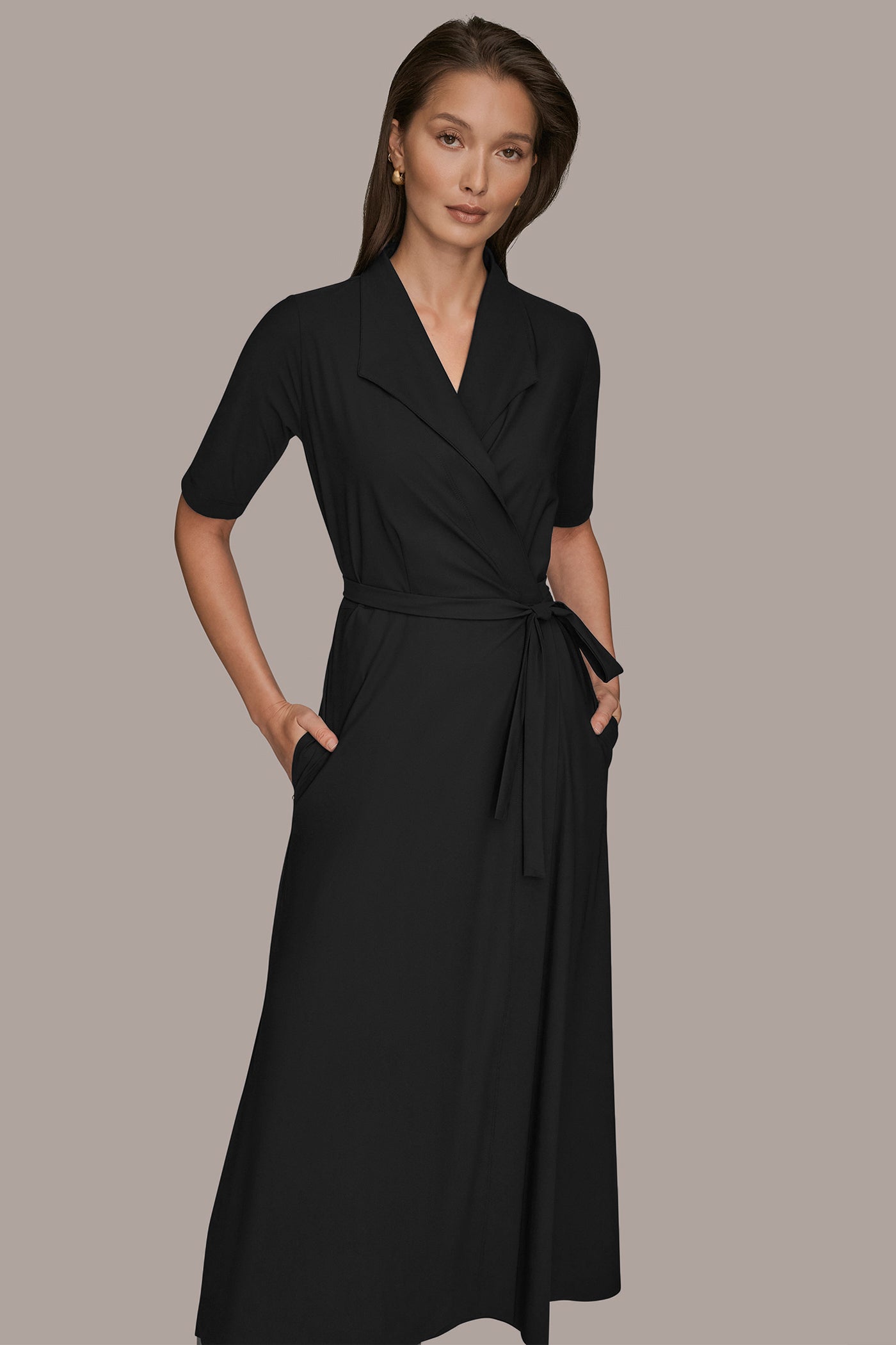 Black THE MODERN TRAVEL ELBOW-SLEEVE MIDI WRAP DRESS Donna Karan