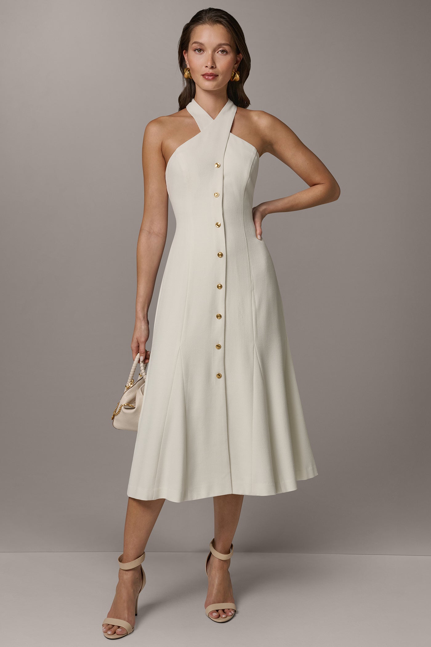 Cream SLEEVELESS CROSS-FRONT MIDI HALTER DRESS Donna Karan