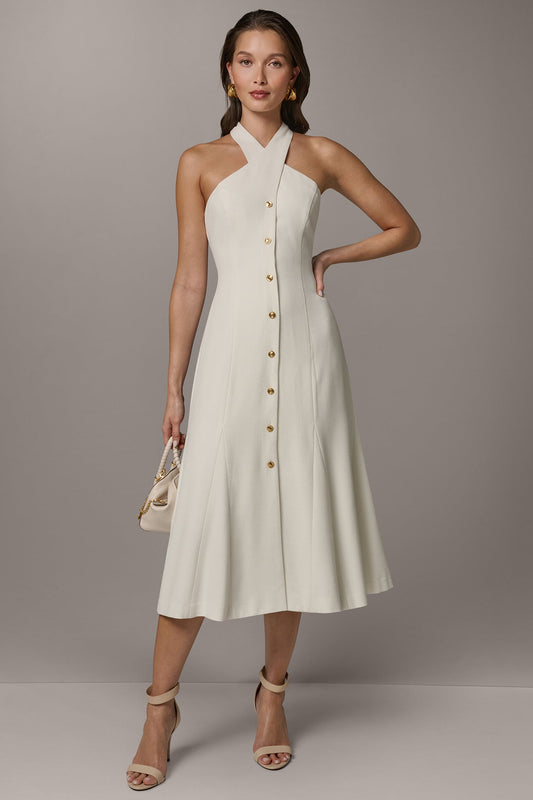 Cream SLEEVELESS CROSS-FRONT MIDI HALTER DRESS Donna Karan