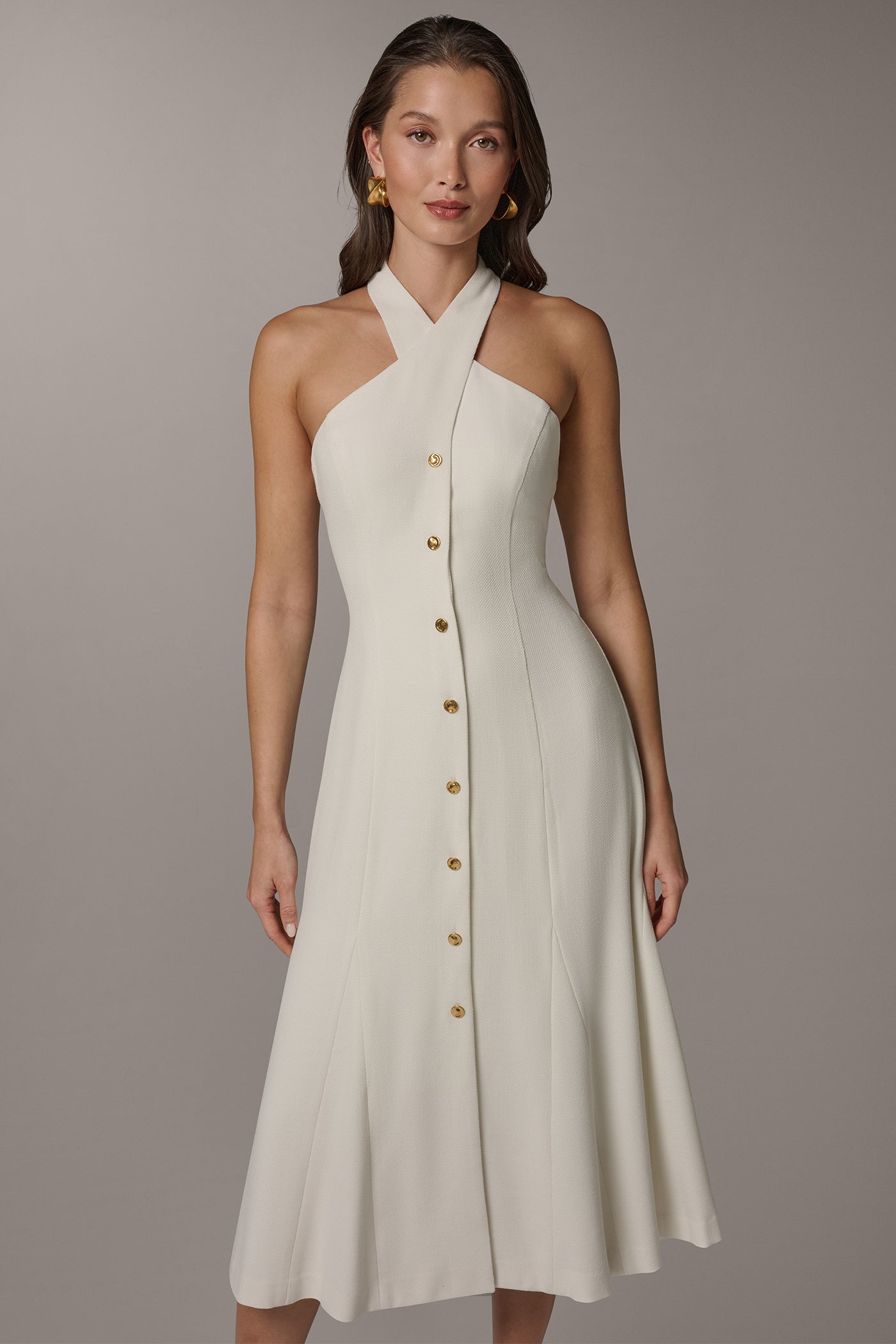 Cream SLEEVELESS CROSS-FRONT MIDI HALTER DRESS Donna Karan
