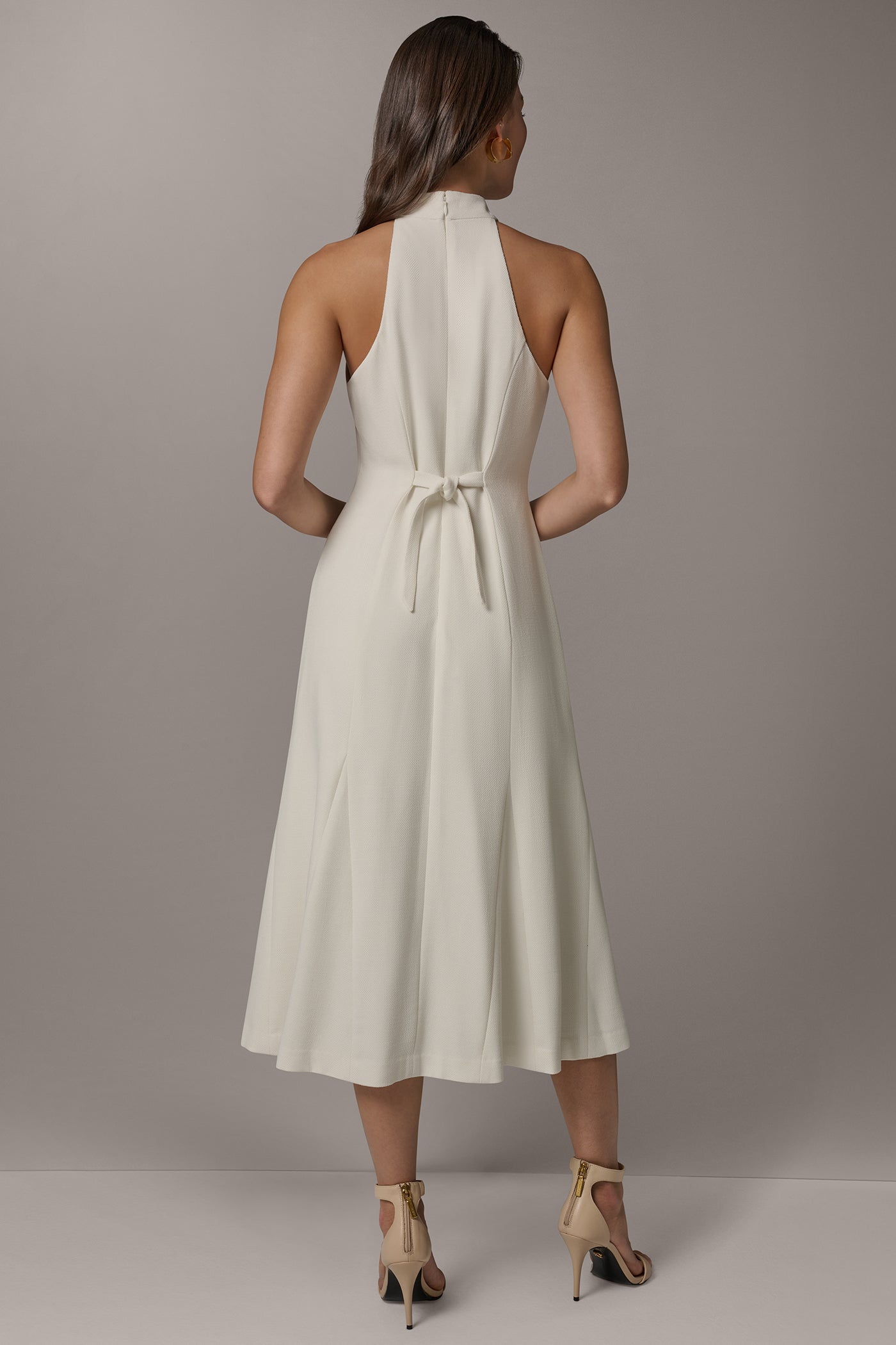 Cream SLEEVELESS CROSS-FRONT MIDI HALTER DRESS Donna Karan