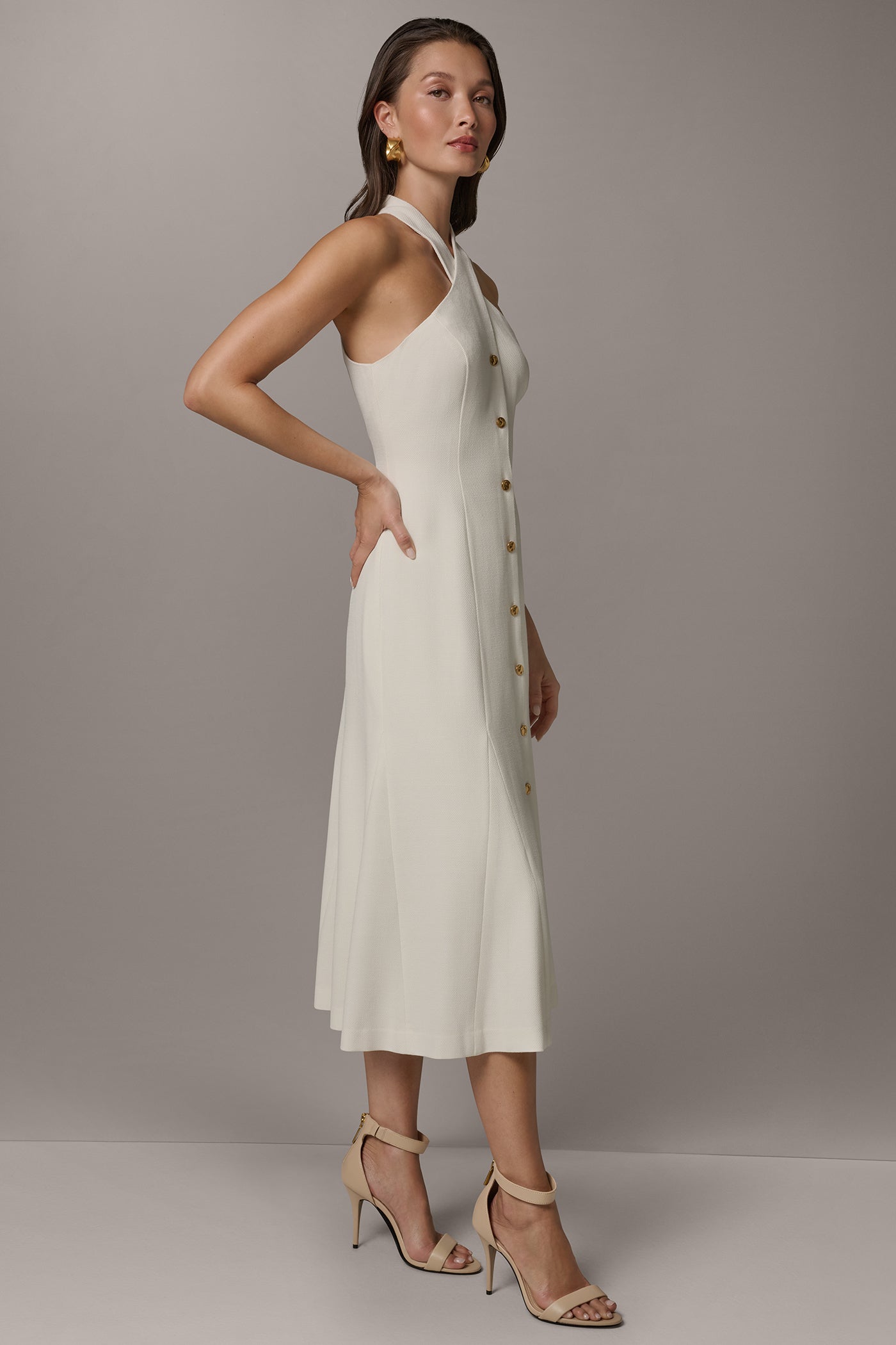 Cream SLEEVELESS CROSS-FRONT MIDI HALTER DRESS Donna Karan