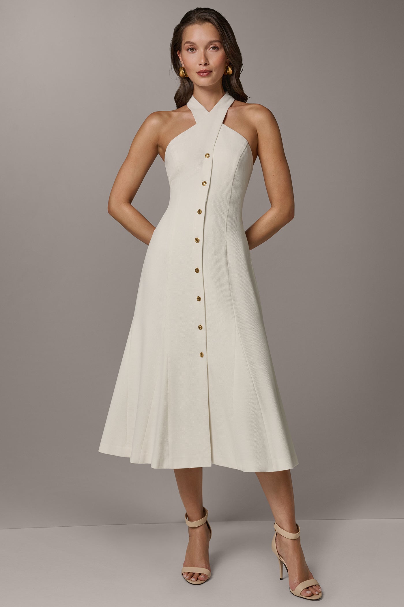 Cream SLEEVELESS CROSS-FRONT MIDI HALTER DRESS Donna Karan