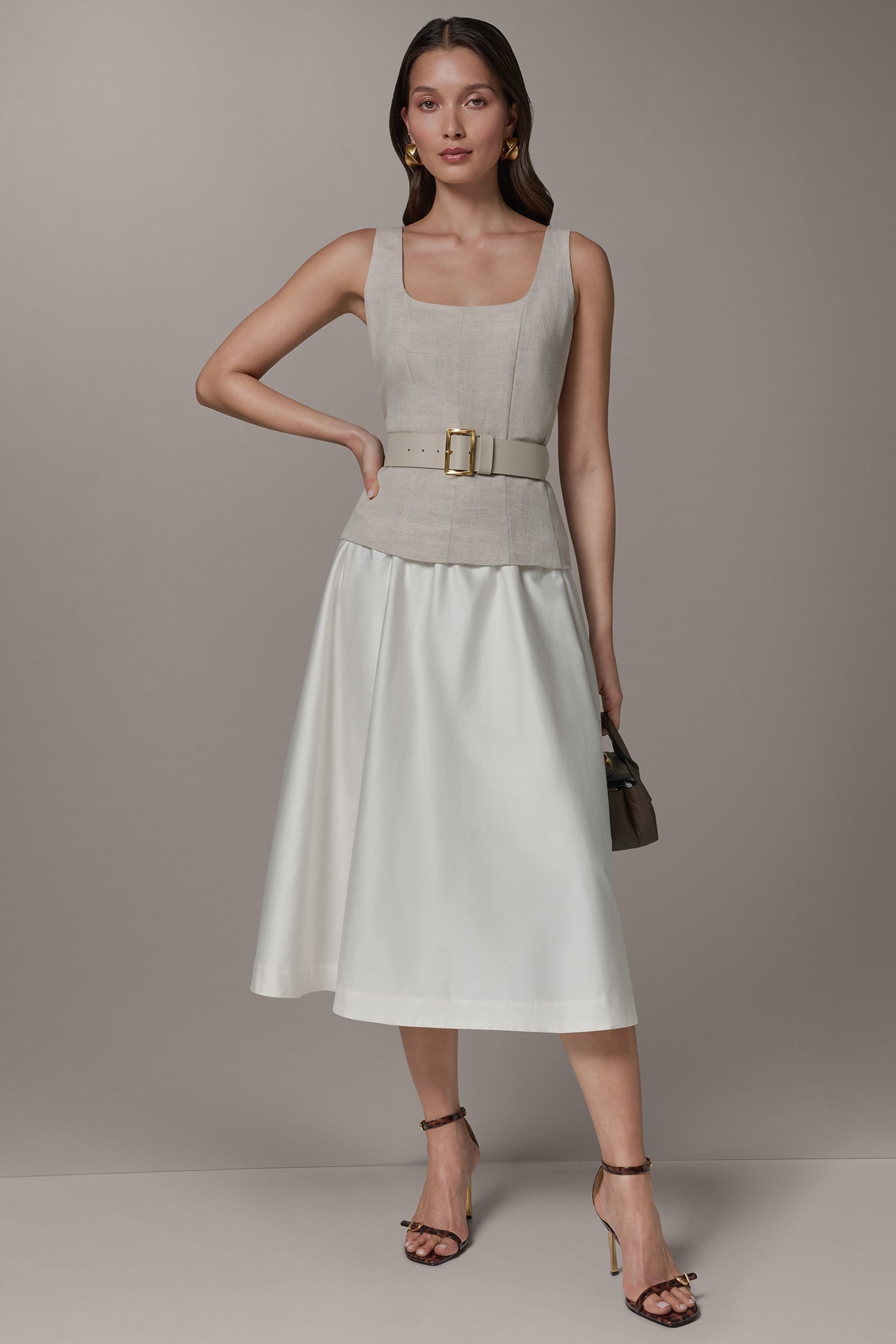 Natural Combo SLEEVELESS MIDI FIT AND FLARE DRESS Donna Karan