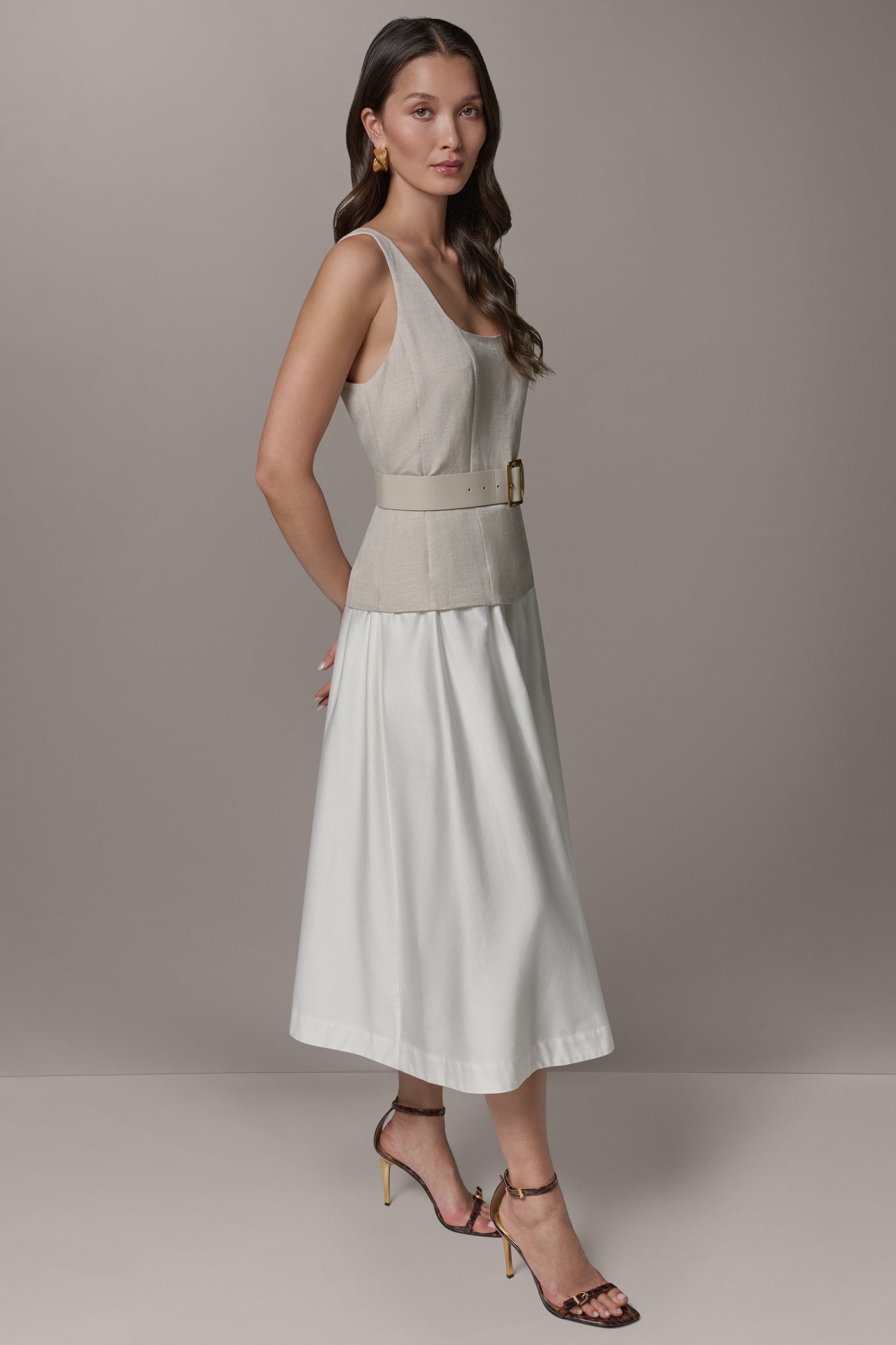 Natural Combo SLEEVELESS MIDI FIT AND FLARE DRESS Donna Karan