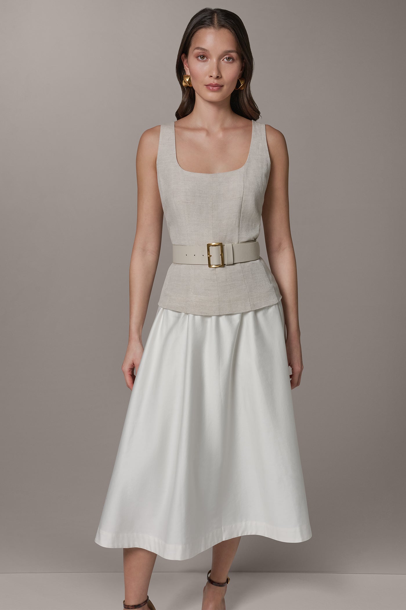 Natural Combo SLEEVELESS MIDI FIT AND FLARE DRESS Donna Karan