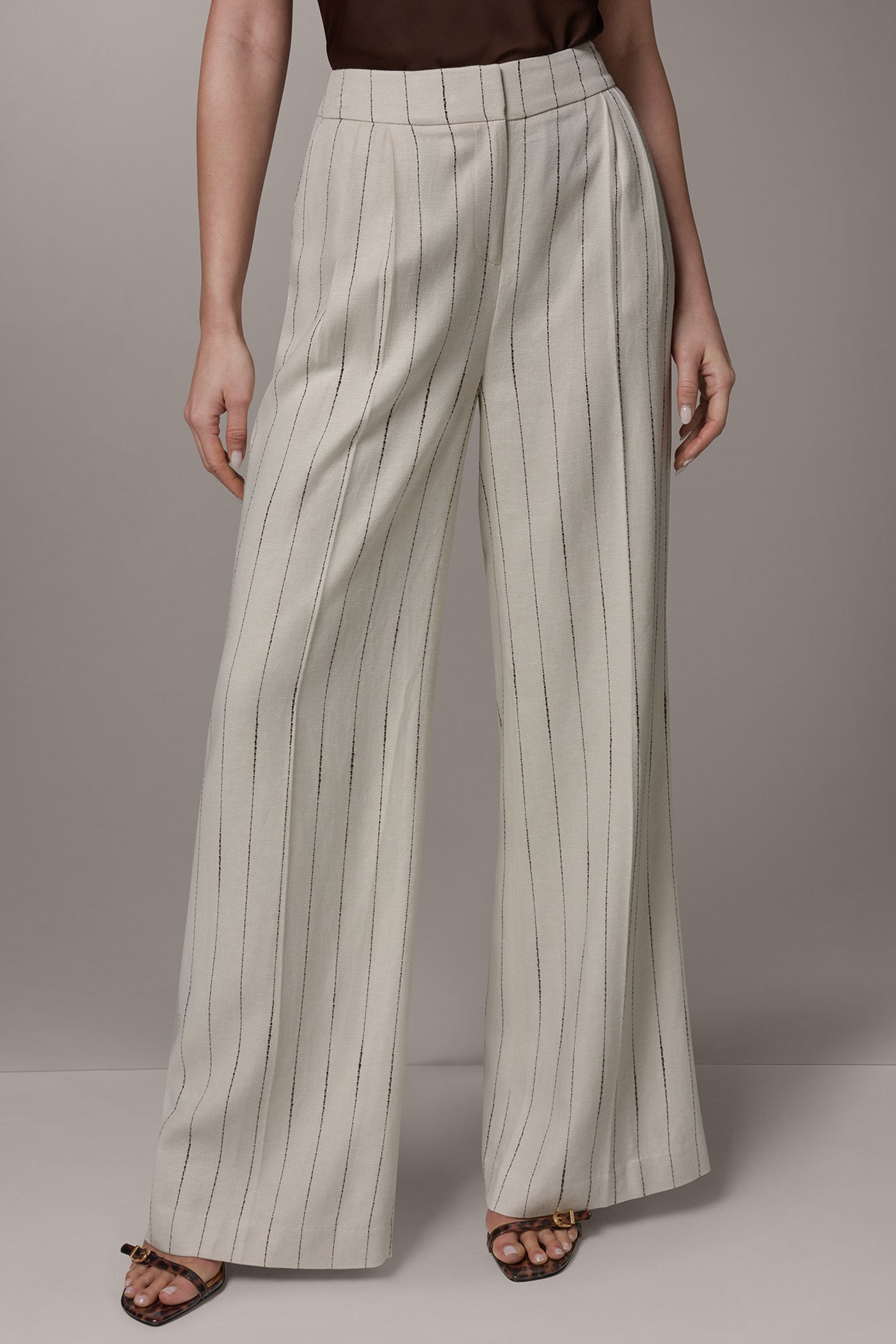 Flax/Canyon MID-RISE PINSTRIPE PLEATED WIDE-LEG PANT Donna Karan