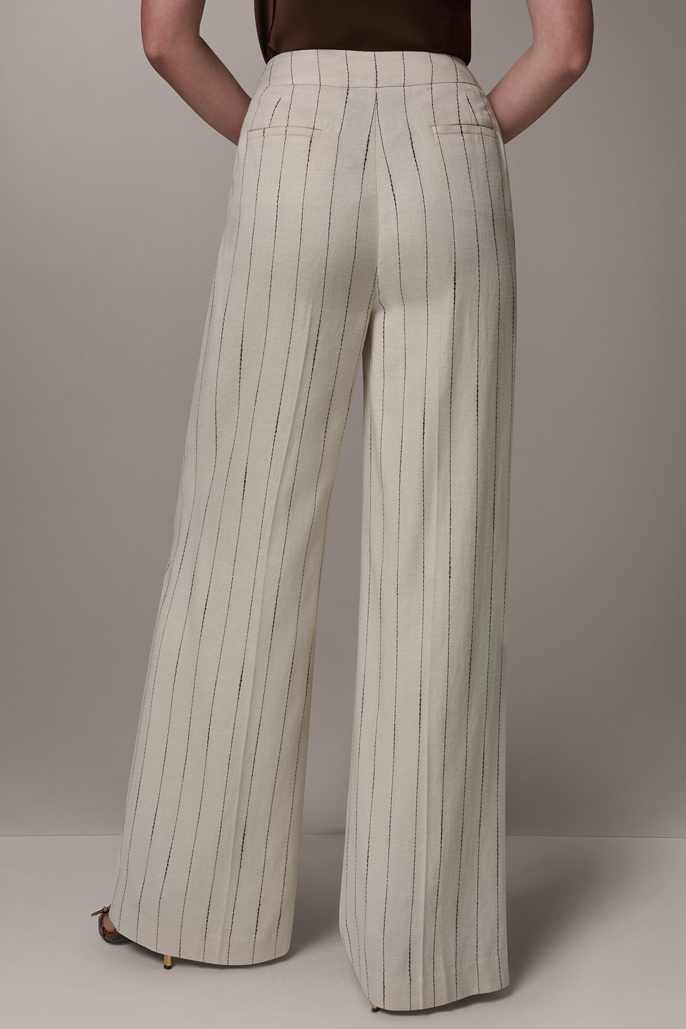 Flax/Canyon MID-RISE PINSTRIPE PLEATED WIDE-LEG PANT Donna Karan