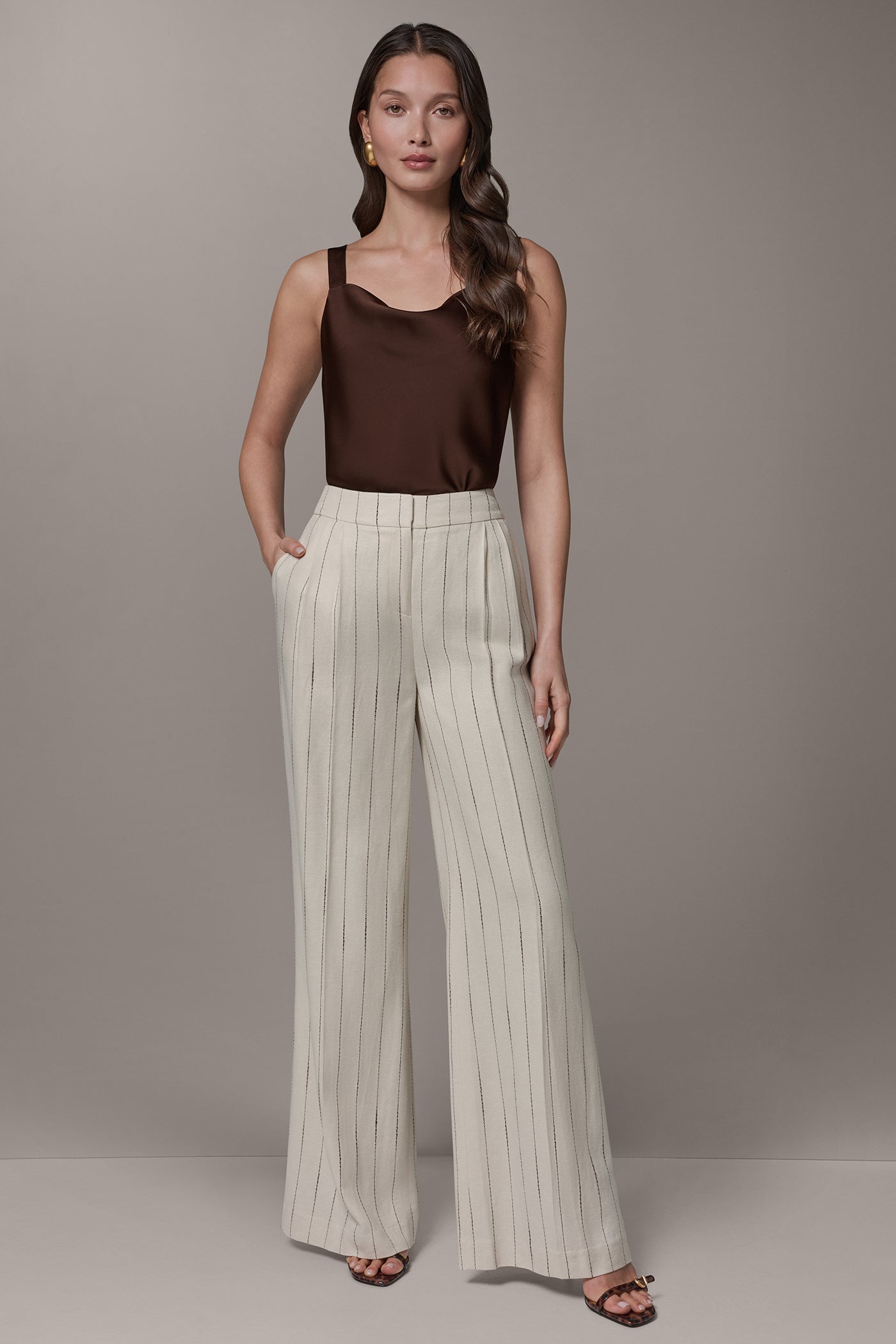 Flax/Canyon MID-RISE PINSTRIPE PLEATED WIDE-LEG PANT Donna Karan
