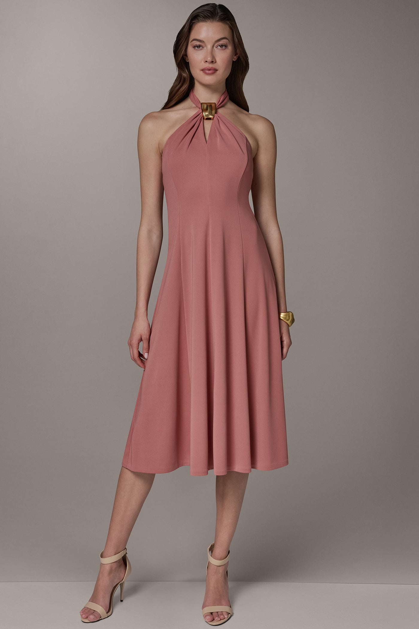 Desert Clay SLEEVELESS MIDI A-LINE HALTER DRESS Donna Karan