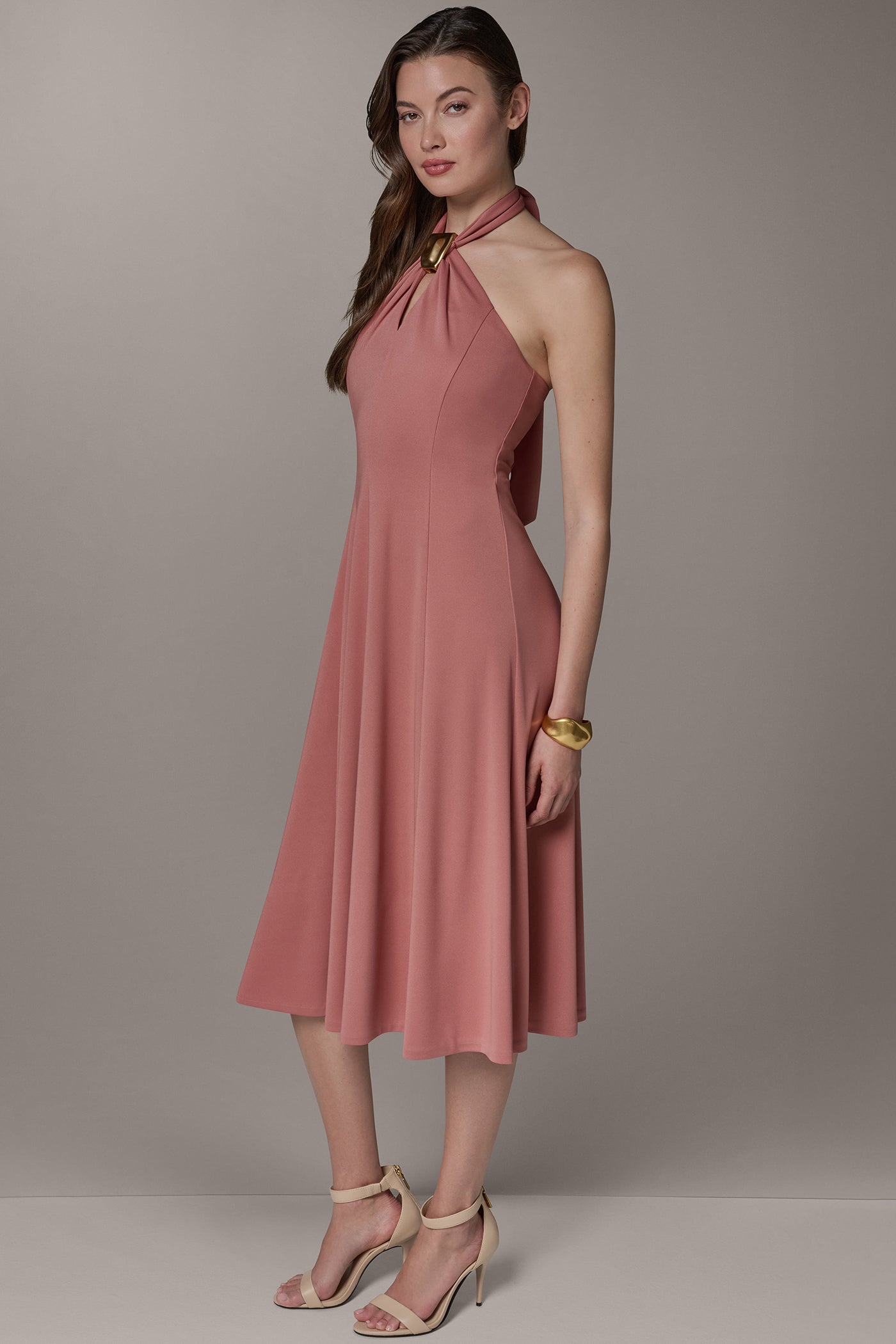 Desert Clay SLEEVELESS MIDI A-LINE HALTER DRESS Donna Karan