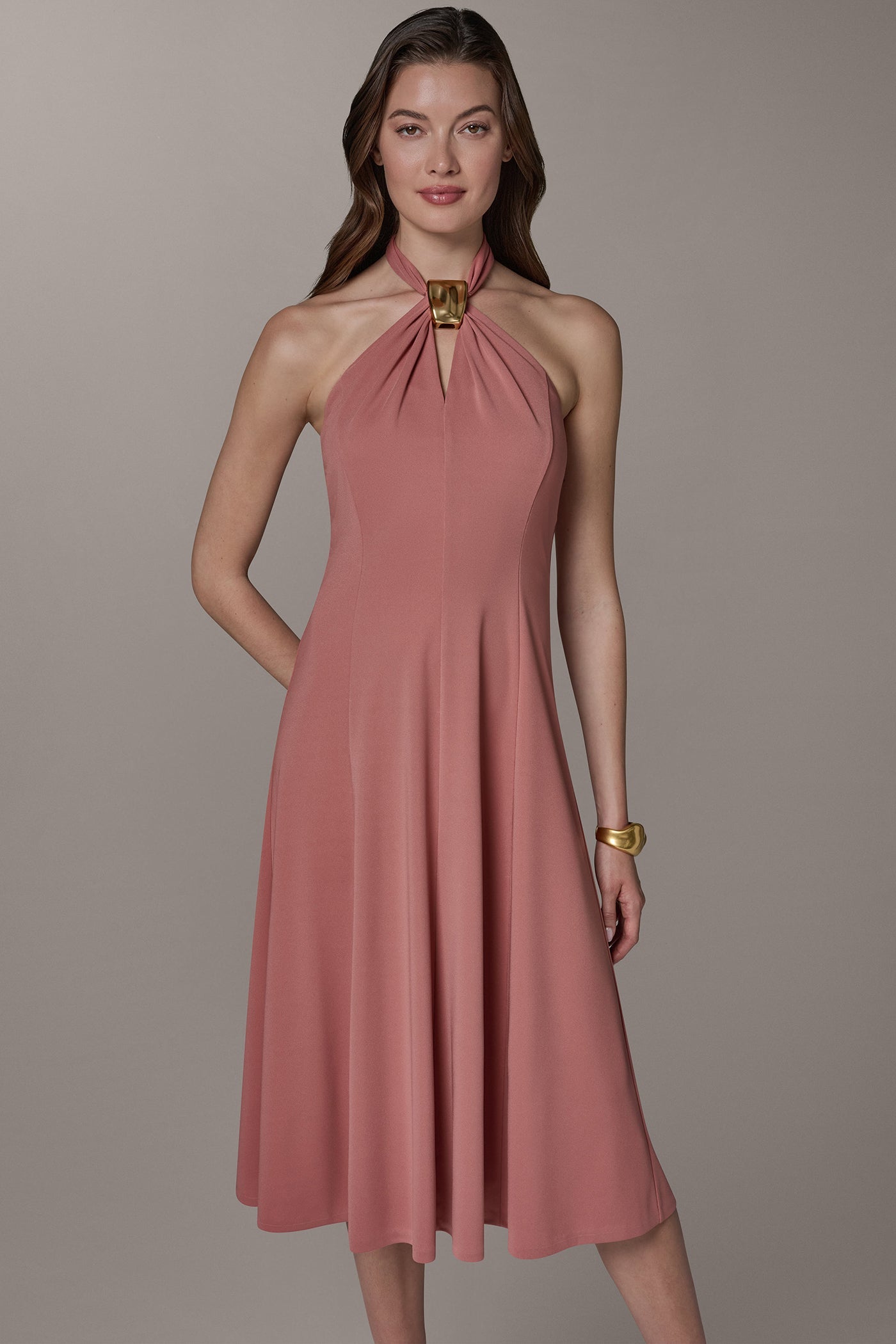Desert Clay SLEEVELESS MIDI A-LINE HALTER DRESS Donna Karan