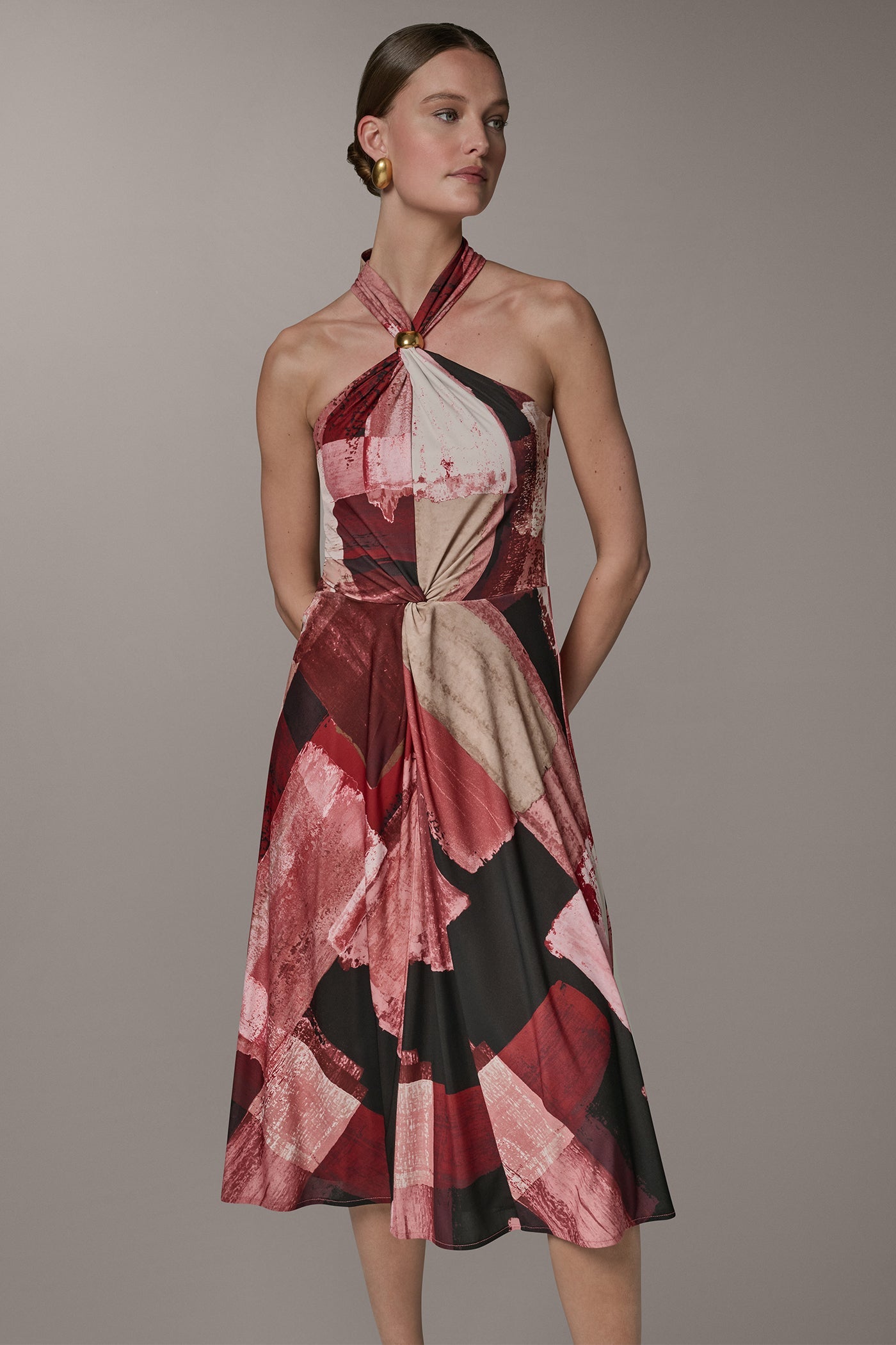 Desert Clay Multi SLEEVELESS MIDI HALTER DRESS Donna Karan