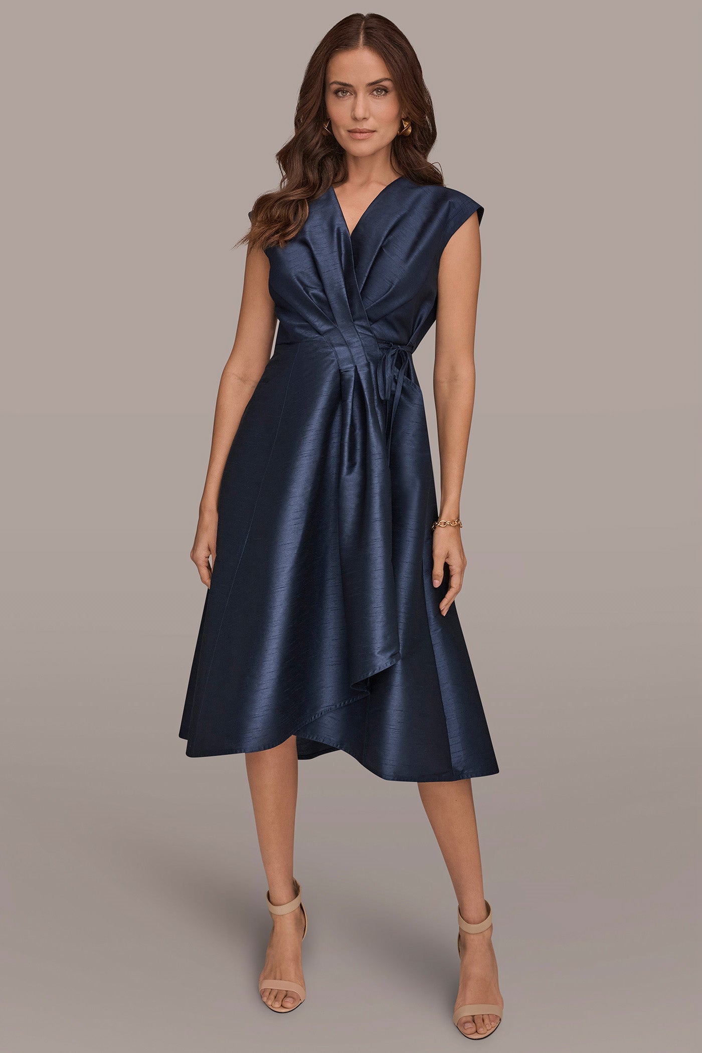 Taffeta Blue SLEEVELESS PLEATED MIDI WRAP DRESS Donna Karan