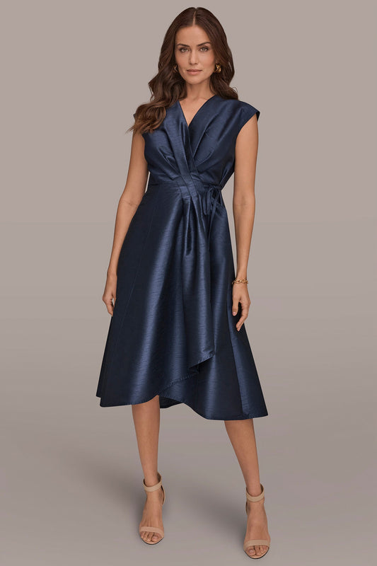 Taffeta Blue SLEEVELESS PLEATED MIDI WRAP DRESS Donna Karan